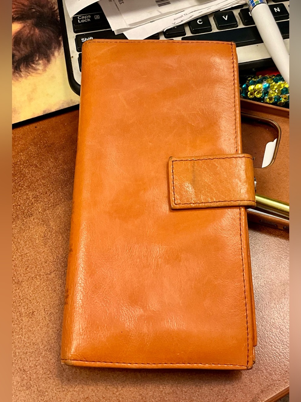 HOBO Orange Leather Men's Wallet Organizer with Snap Closure